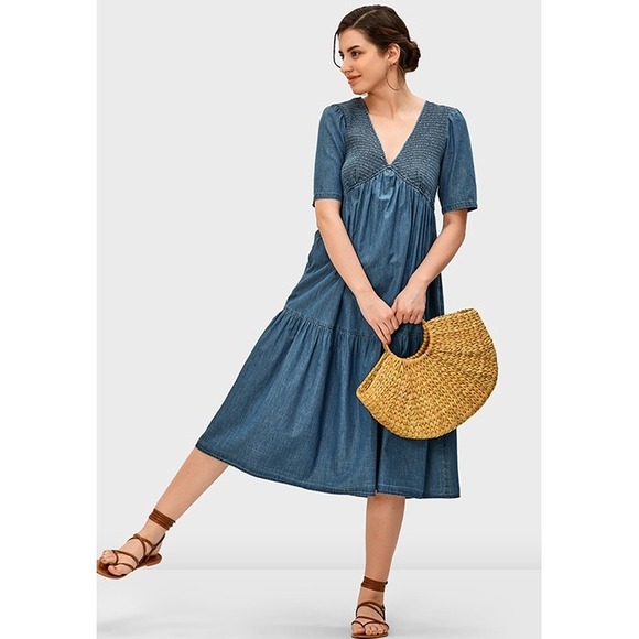 Wayward Fancies Dresses & Skirts - Wayward Fancies eShakti L-12 Chambray Dress Smocked Tiered Cottagecore Bohemian‎